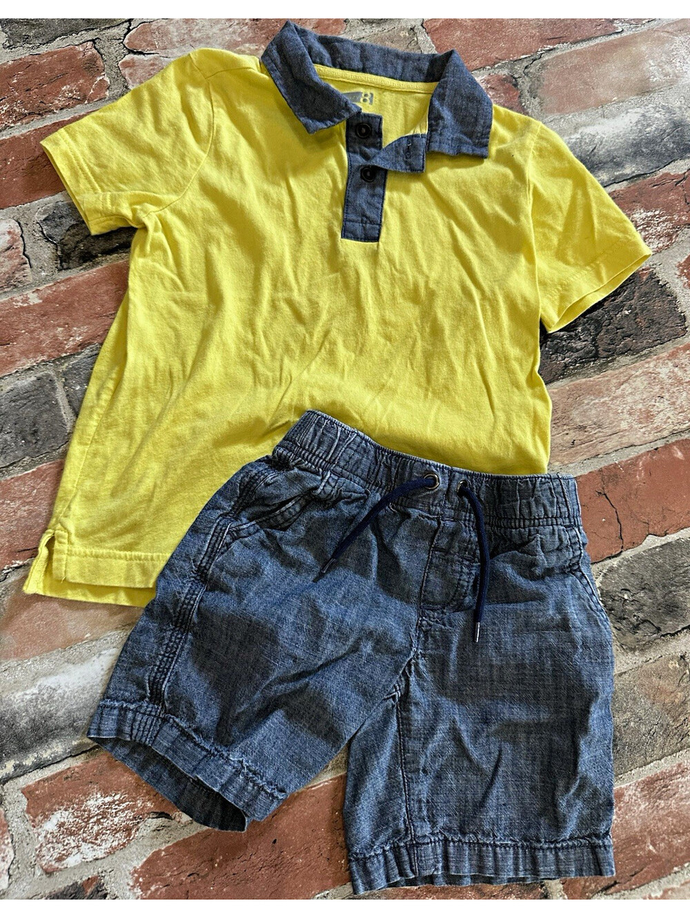 Boys Yellow Polo & Blue Denim Shorts 2-Piece Outfit Set Size 3/4